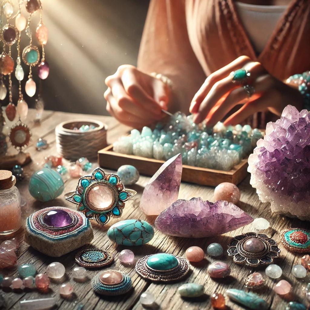 A beautiful arrangement of natural stones including amethyst, turquoise, agate, and clear quartz, with artisan hands crafting a handmade jewelry piece in the background, highlighting the energy and artistry of natural stones and handcrafted jewelry.