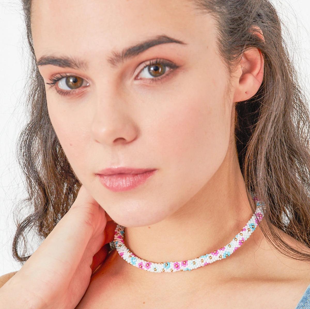 Beautiful handmade green floral necklace featuring colorful kum beads and delicate crochet work, ideal for both casual and formal occasions