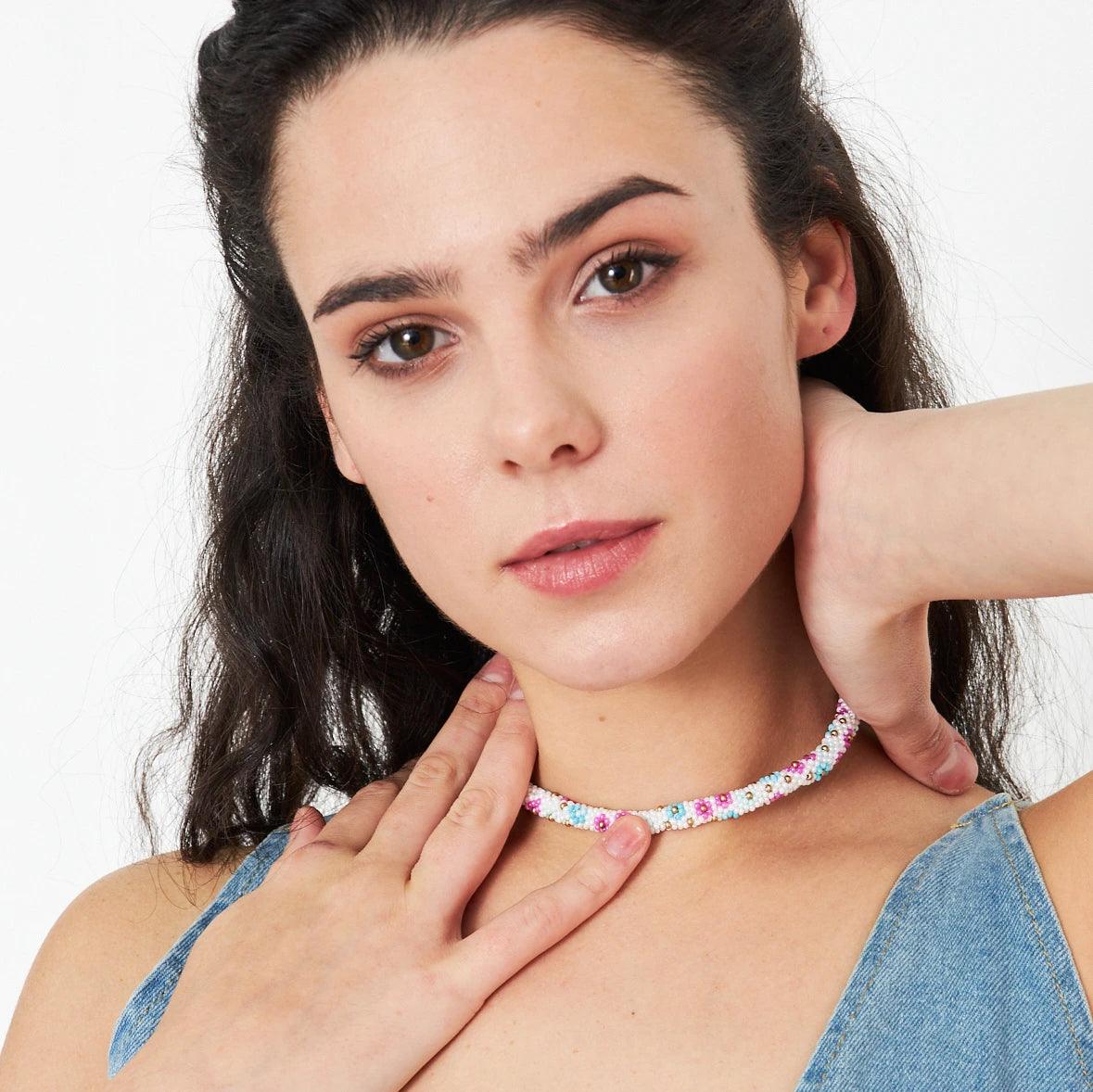 Stunning handcrafted green floral necklace, showcasing a blend of vibrant kum beads and intricate crochet, perfect as a thoughtful gift for her.