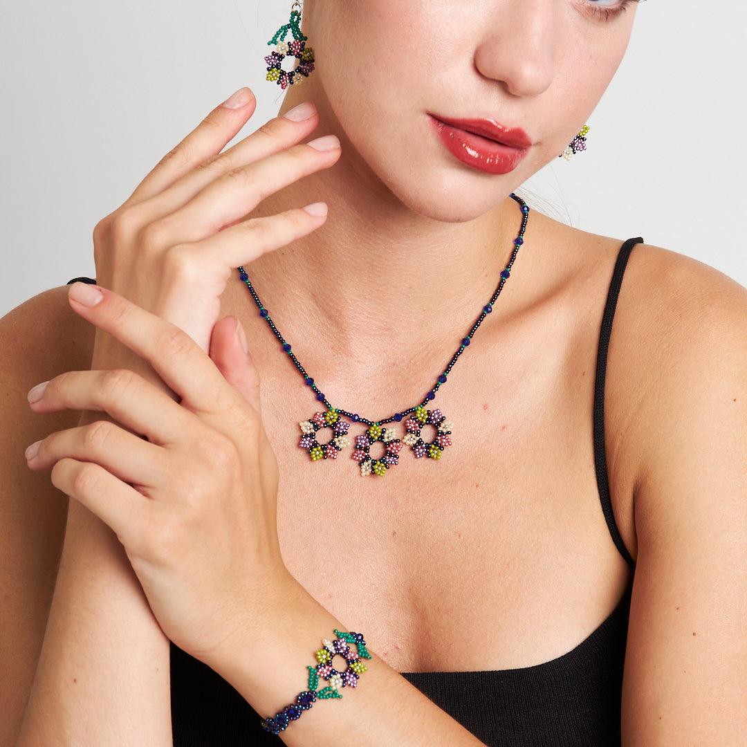 Handmade Seed Bead Jewelry Set | Elegant Floral Design Necklace, Bracelet, and Earrings - Stone Fiesta
