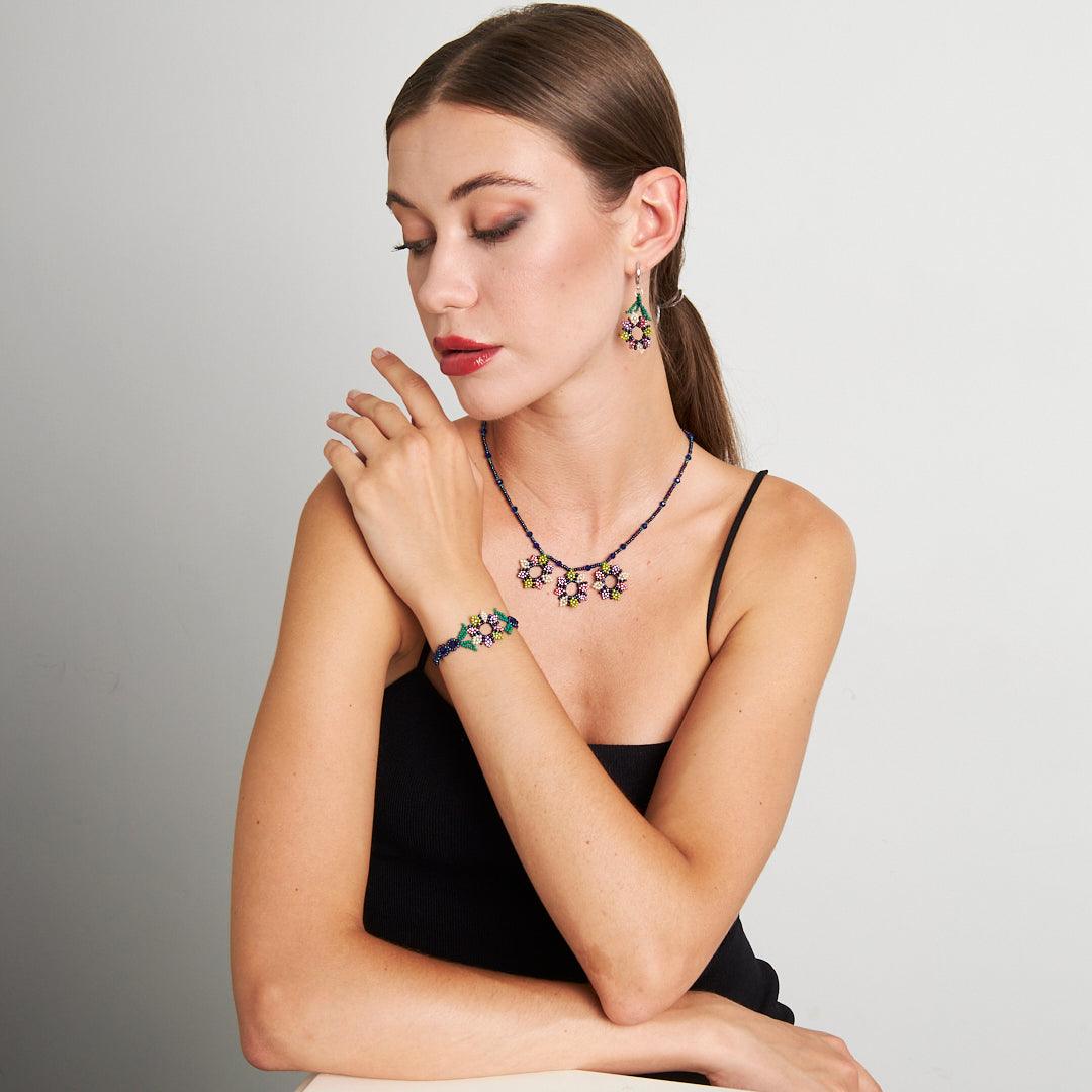 Handmade Seed Bead Jewelry Set | Elegant Floral Design Necklace, Bracelet, and Earrings - Stone Fiesta