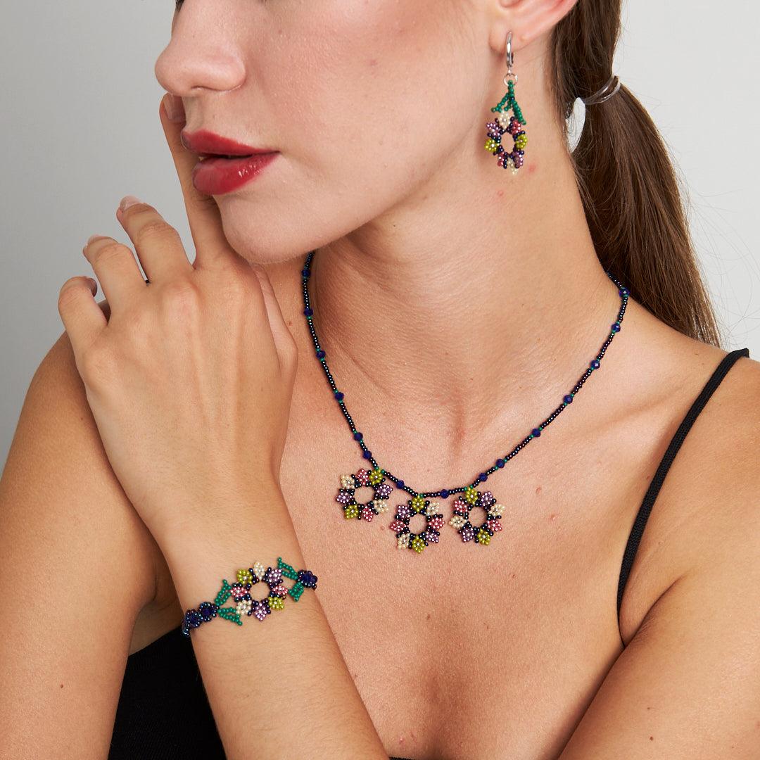 Handmade Seed Bead Jewelry Set | Elegant Floral Design Necklace, Bracelet, and Earrings - Stone Fiesta