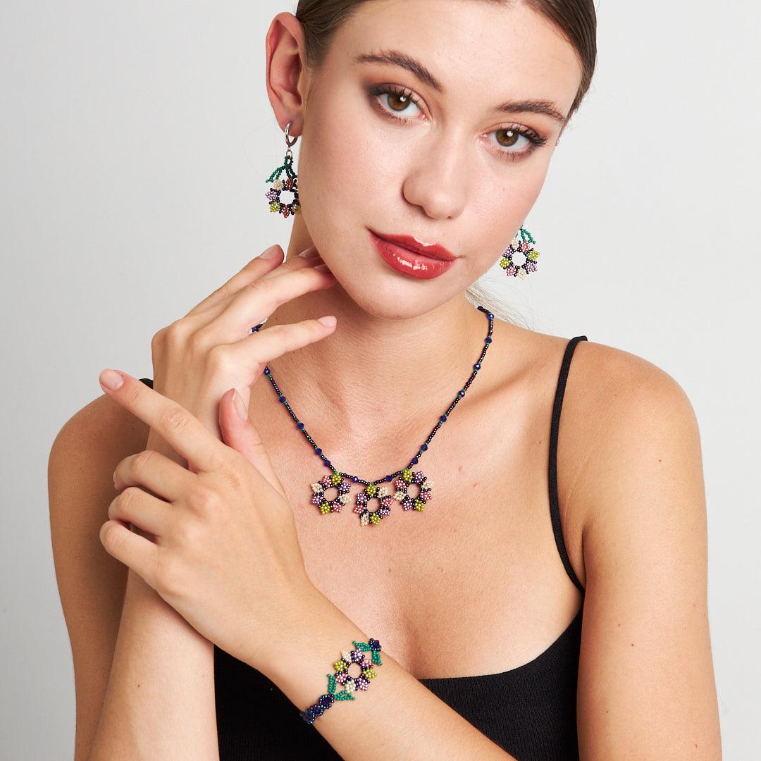 Handmade Seed Bead Jewelry Set | Elegant Floral Design Necklace, Bracelet, and Earrings - Stone Fiesta