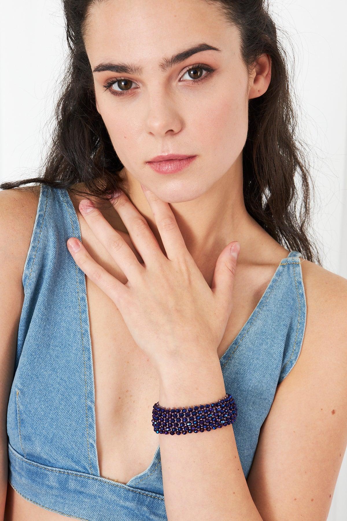 Stylish Handmade Set: Purple Kiln-Fired Sand Bead Necklace and Bracelet with Gray Crystal Accents | Unique Stone Fiesta Jewelry - Stone Fiesta