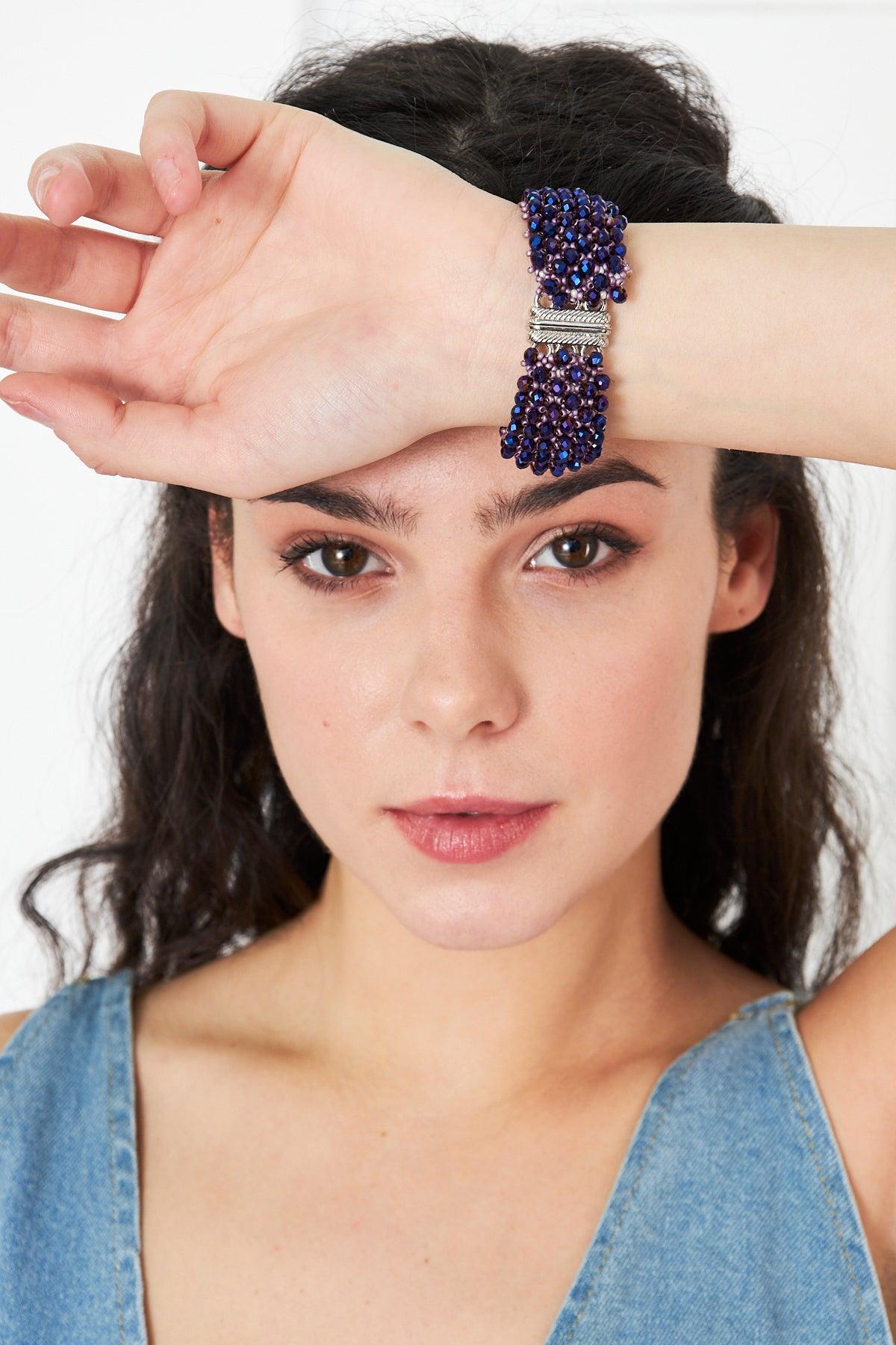 Stylish Handmade Set: Purple Kiln-Fired Sand Bead Necklace and Bracelet with Gray Crystal Accents | Unique Stone Fiesta Jewelry - Stone Fiesta