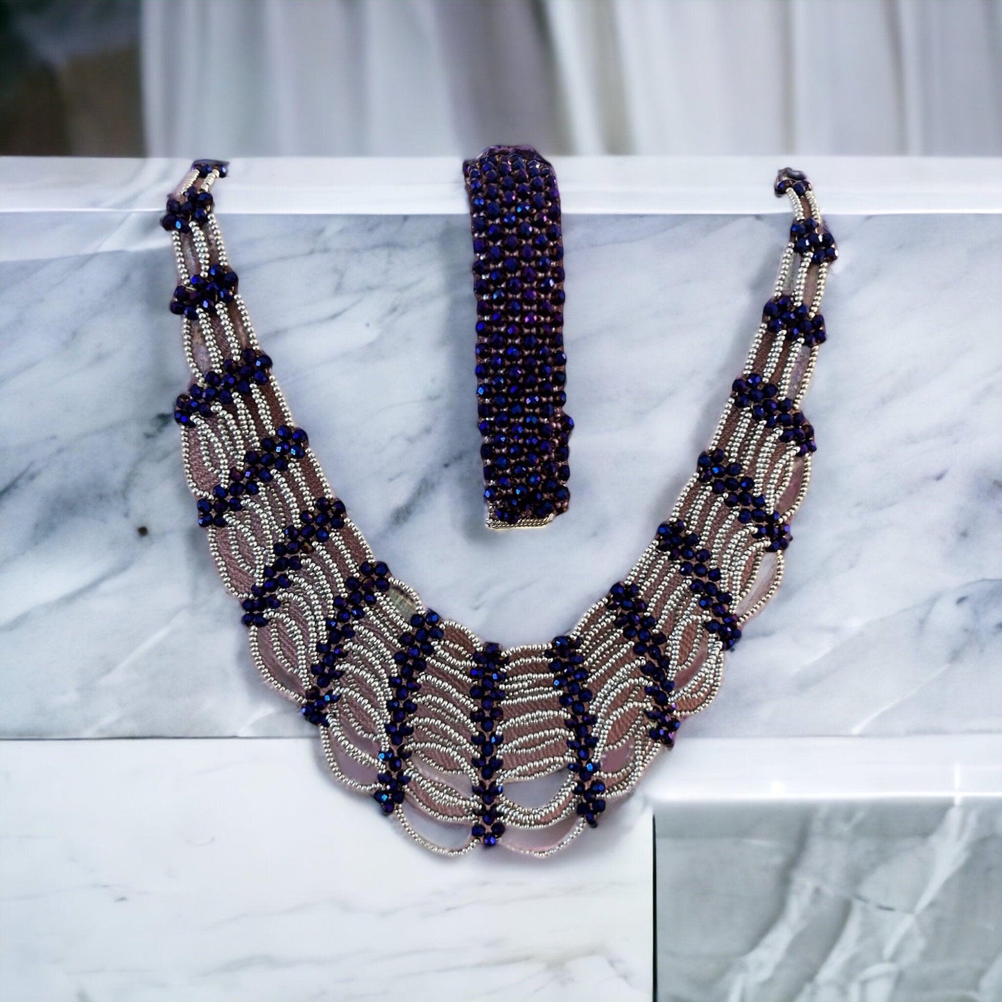 Stylish Handmade Set: Purple Kiln-Fired Sand Bead Necklace and Bracelet with Gray Crystal Accents | Unique Stone Fiesta Jewelry - Stone Fiesta