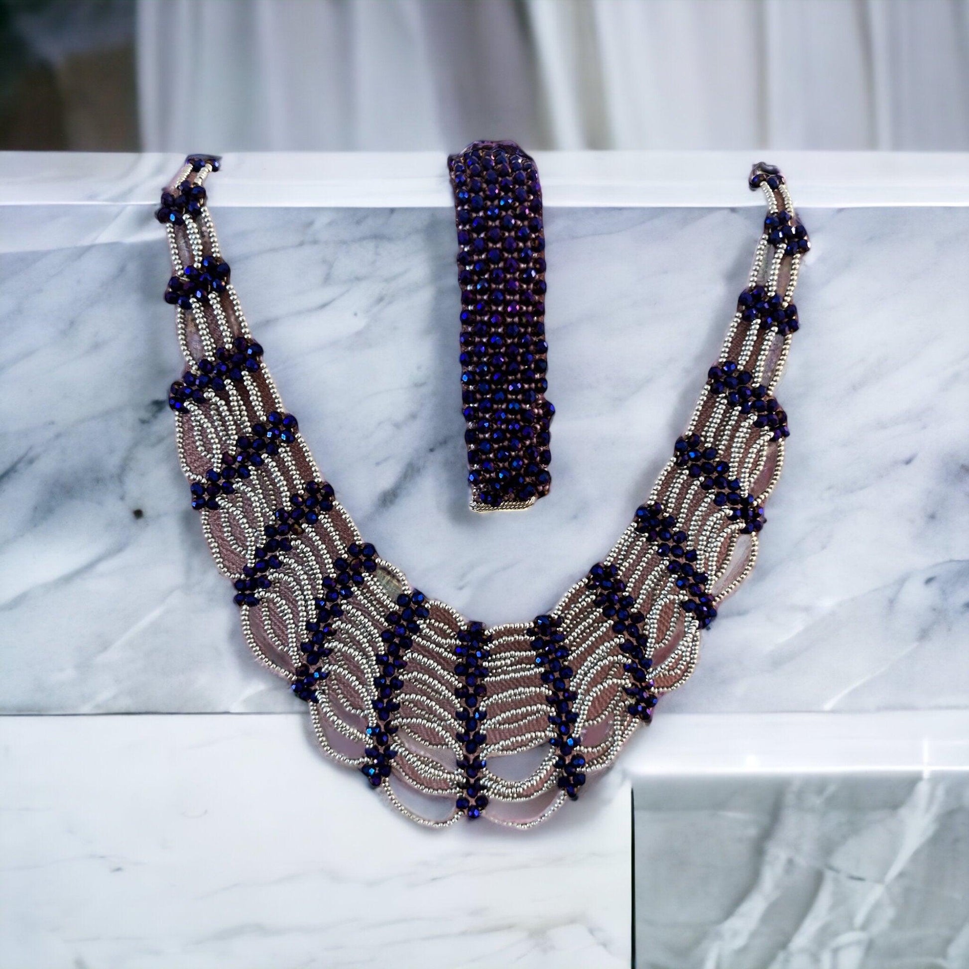 Stylish Handmade Set: Purple Kiln-Fired Sand Bead Necklace and Bracelet with Gray Crystal Accents | Unique Stone Fiesta Jewelry - Stone Fiesta