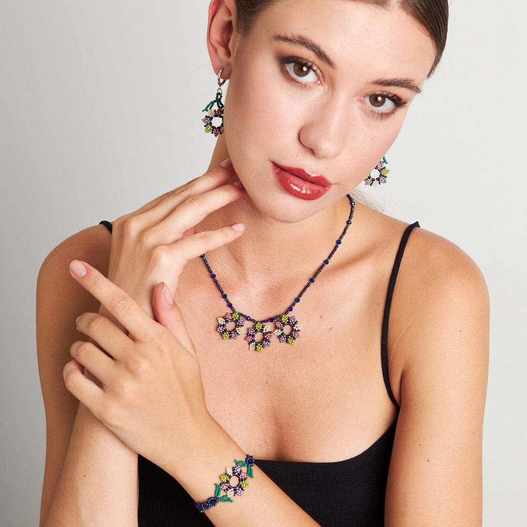 Handmade Seed Bead Jewelry Set | Elegant Floral Design Necklace, Bracelet, and Earrings - Stone Fiesta