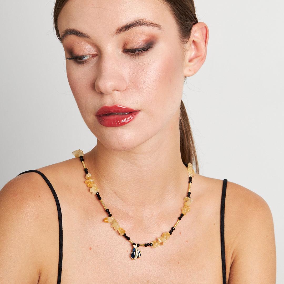 Handmade Citrine and Agate Heart Pendant Necklace with Seed and Crystal Beads | Artisan Gemstone Jewelry by Stone Fiesta - Stone Fiesta