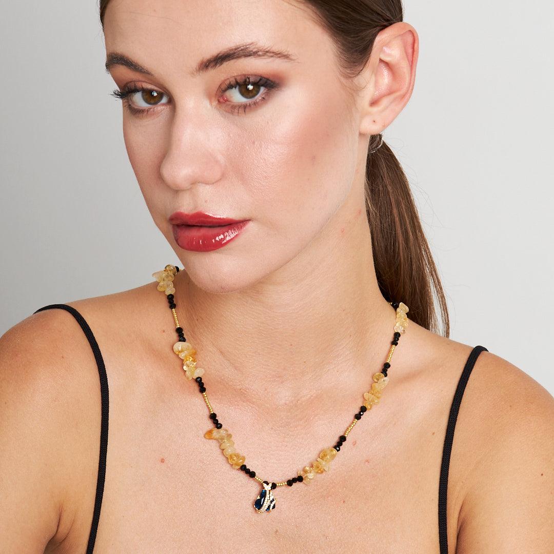 Handmade Citrine and Agate Heart Pendant Necklace with Seed and Crystal Beads | Artisan Gemstone Jewelry by Stone Fiesta - Stone Fiesta