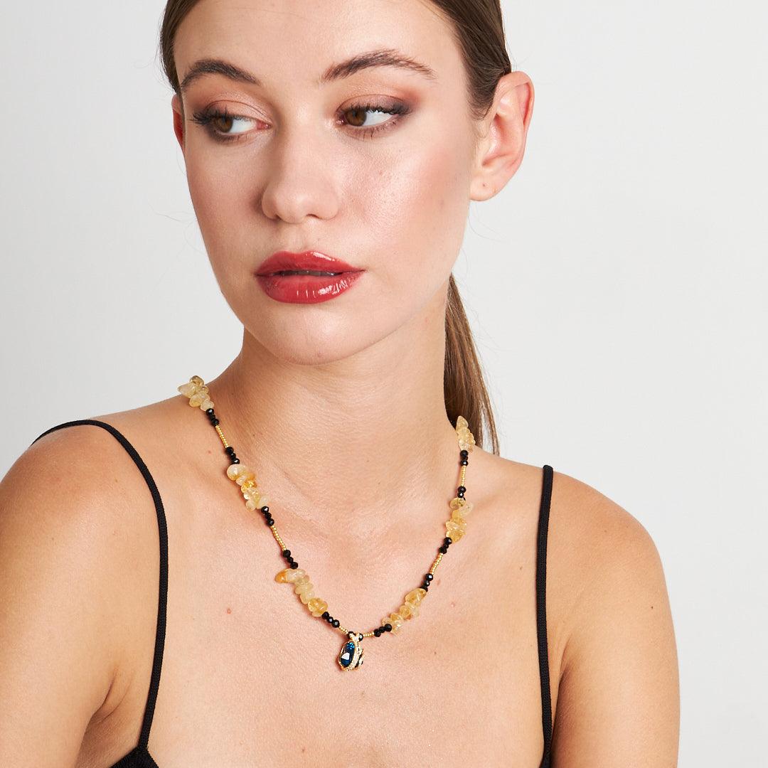Handmade Citrine and Agate Heart Pendant Necklace with Seed and Crystal Beads | Artisan Gemstone Jewelry by Stone Fiesta - Stone Fiesta