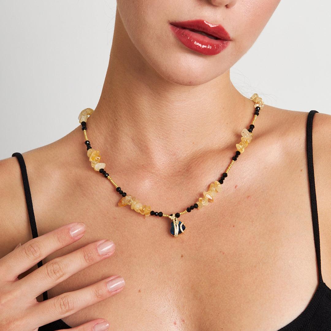 Handmade Citrine and Agate Heart Pendant Necklace with Seed and Crystal Beads | Artisan Gemstone Jewelry by Stone Fiesta - Stone Fiesta