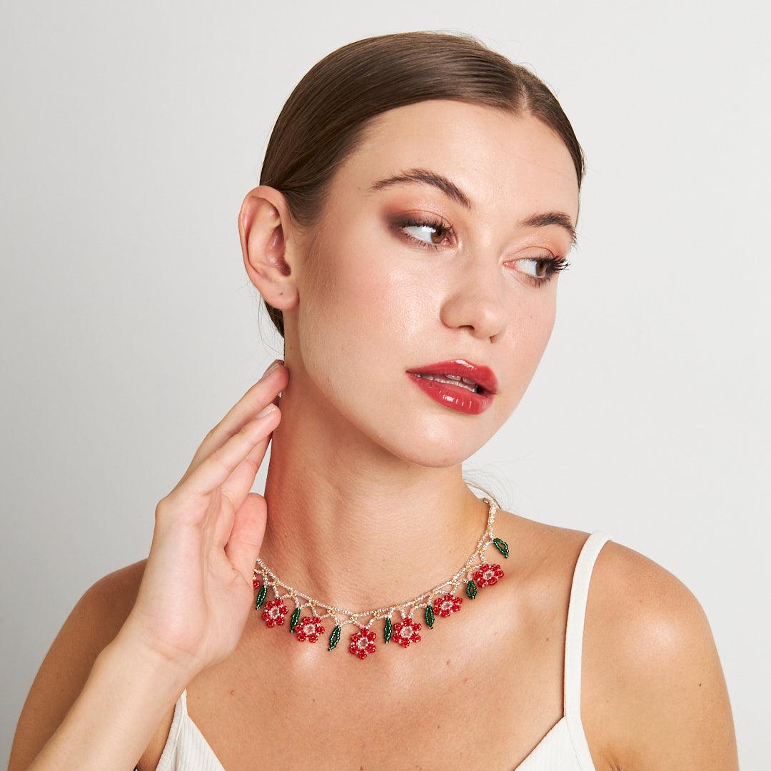 Handmade Floral Design Beaded Necklace with Natural Stones | Artisan-Crafted Boho Jewelry by Stone Fiesta - Stone Fiesta