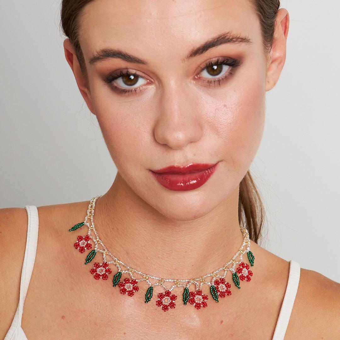 Handmade Floral Design Beaded Necklace with Natural Stones | Artisan-Crafted Boho Jewelry by Stone Fiesta - Stone Fiesta