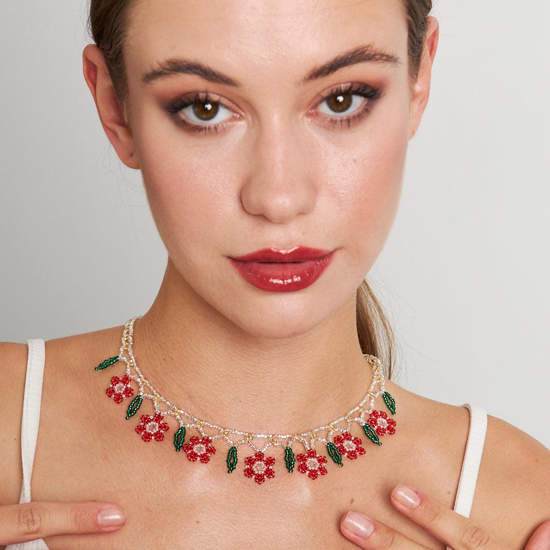 Handmade Floral Design Beaded Necklace with Natural Stones | Artisan-Crafted Boho Jewelry by Stone Fiesta - Stone Fiesta