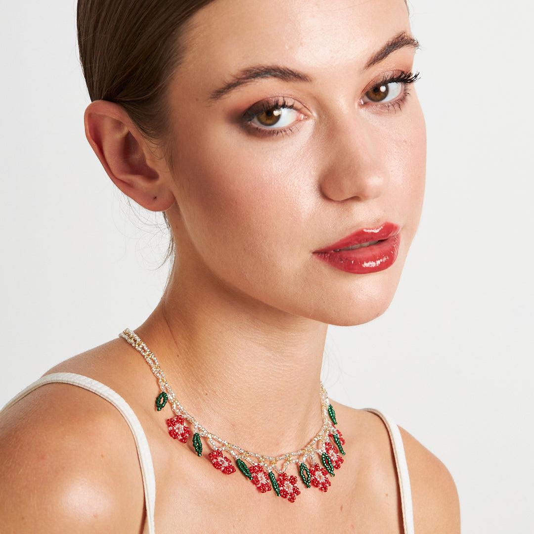 Handmade Floral Design Beaded Necklace with Natural Stones | Artisan-Crafted Boho Jewelry by Stone Fiesta - Stone Fiesta