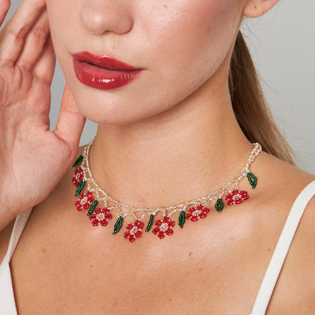 Handmade Floral Design Beaded Necklace with Natural Stones | Artisan-Crafted Boho Jewelry by Stone Fiesta - Stone Fiesta