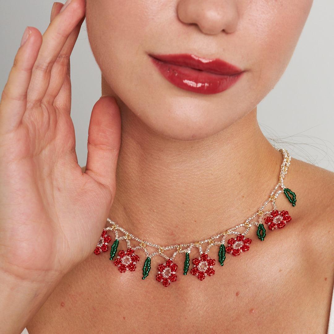 Handmade Floral Design Beaded Necklace with Natural Stones | Artisan-Crafted Boho Jewelry by Stone Fiesta - Stone Fiesta
