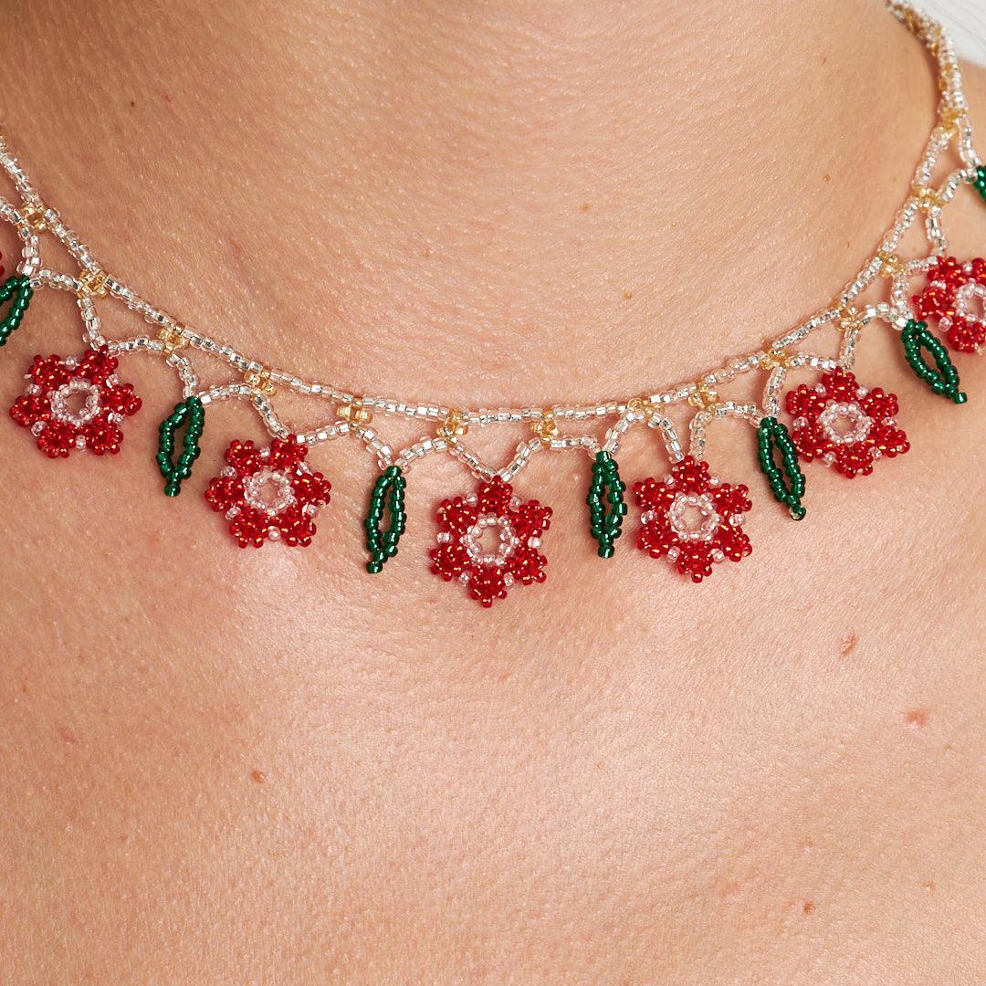 Handmade Floral Design Beaded Necklace with Natural Stones | Artisan-Crafted Boho Jewelry by Stone Fiesta - Stone Fiesta